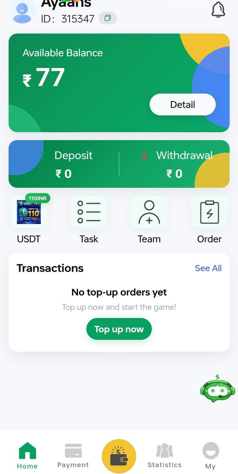 DDPay App Homepage Dashboard