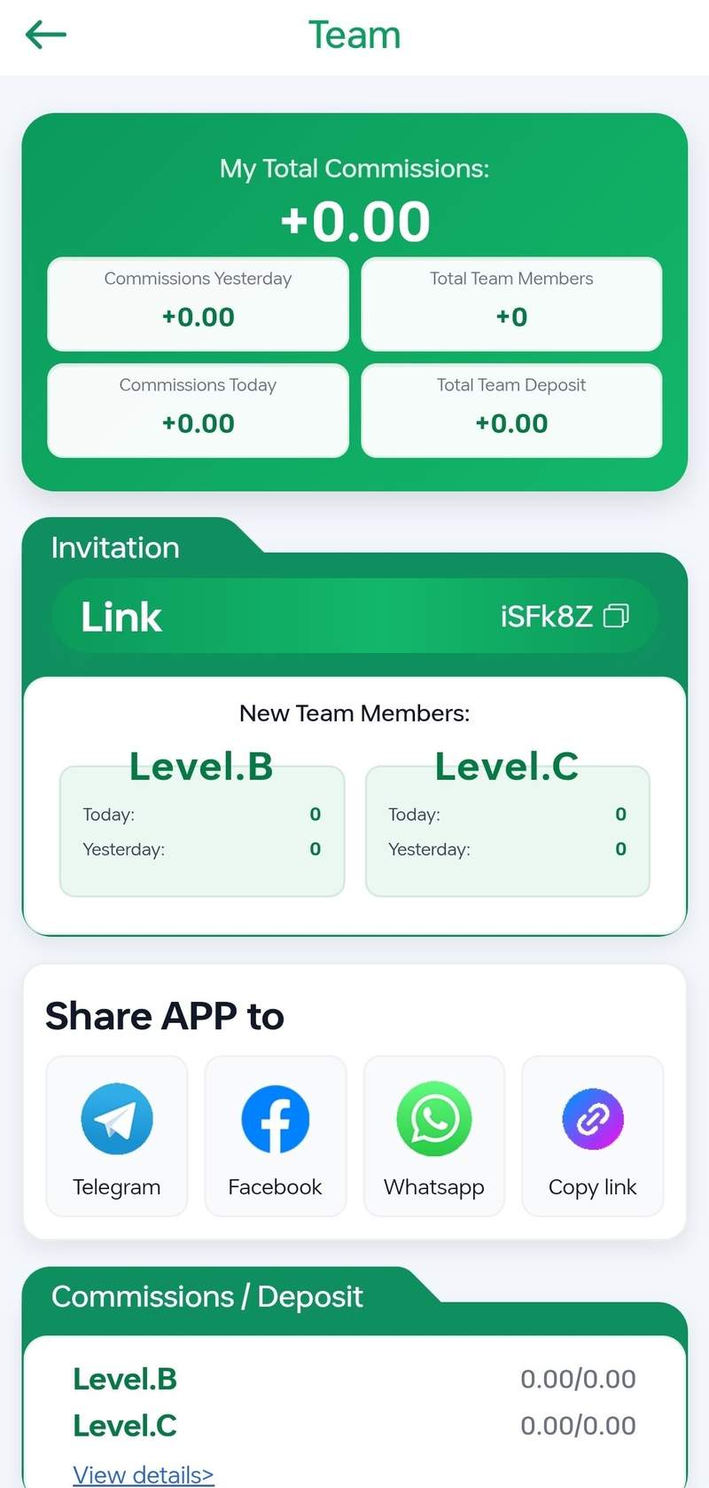 DDPay Team Commission Dashboard showing Level B and Level C referral structure